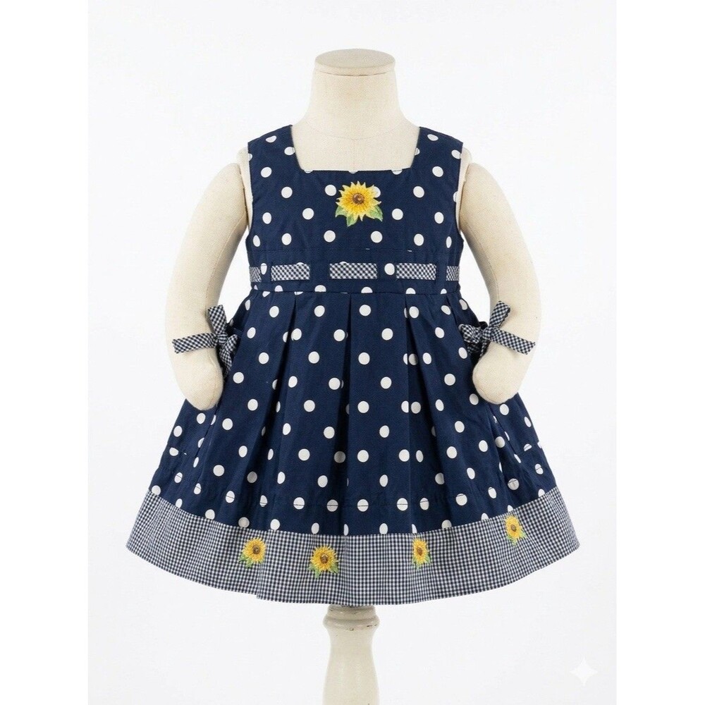 Blueberi Boulevard 12M Sunflower Dress Navy Polka Dot Gingham Cottagecore Vtg
